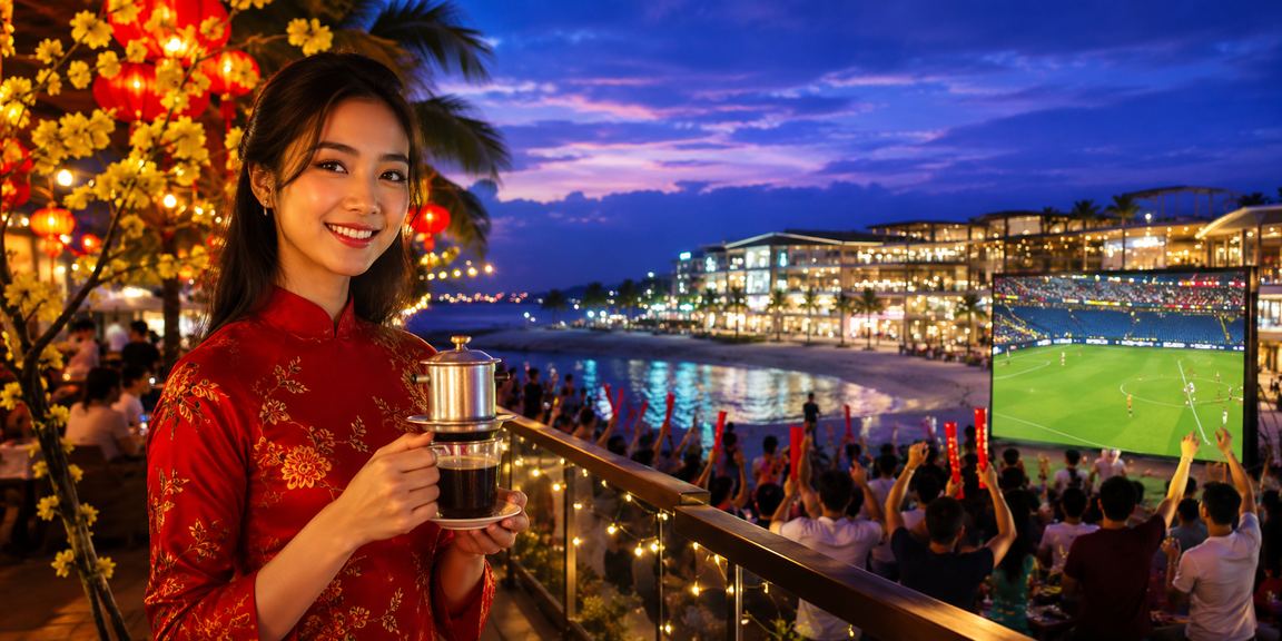 Người dùng xem bóng đá tại Phú Quốc cùng ly cà phê